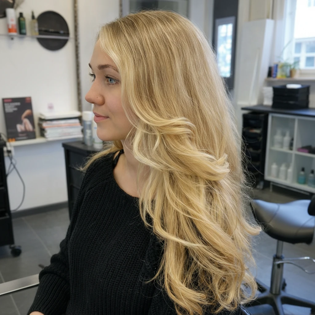 Blont lockigt hår från sidan på Studio61 i Hägersten.