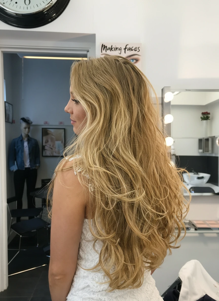 Långt blont hår med lockar bakifrån på Studio61