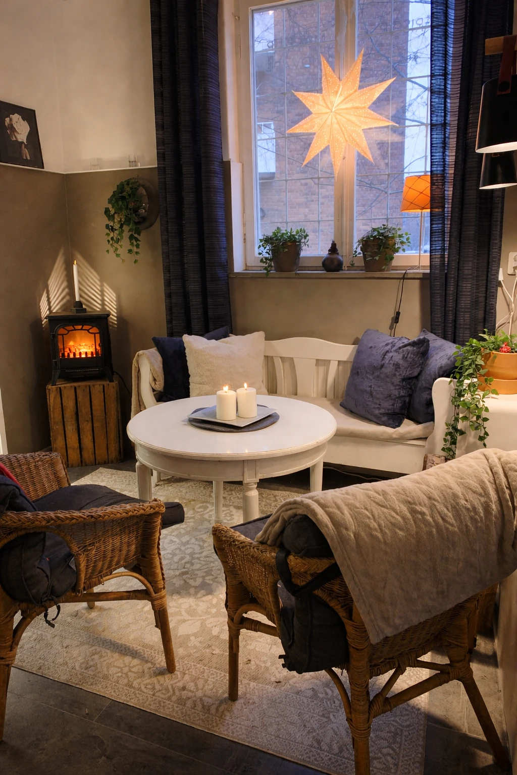 Studio61s väntrum med levande ljus och adventsstjärna
