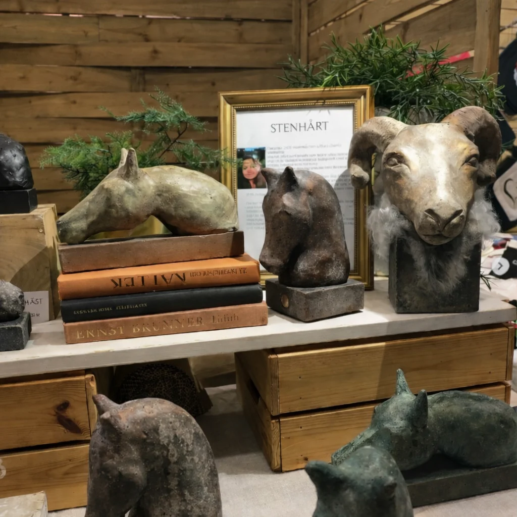 Stenhårt butiksdisplay med betongskulpturer hästar, får och bagge – Studio61 Hägersten