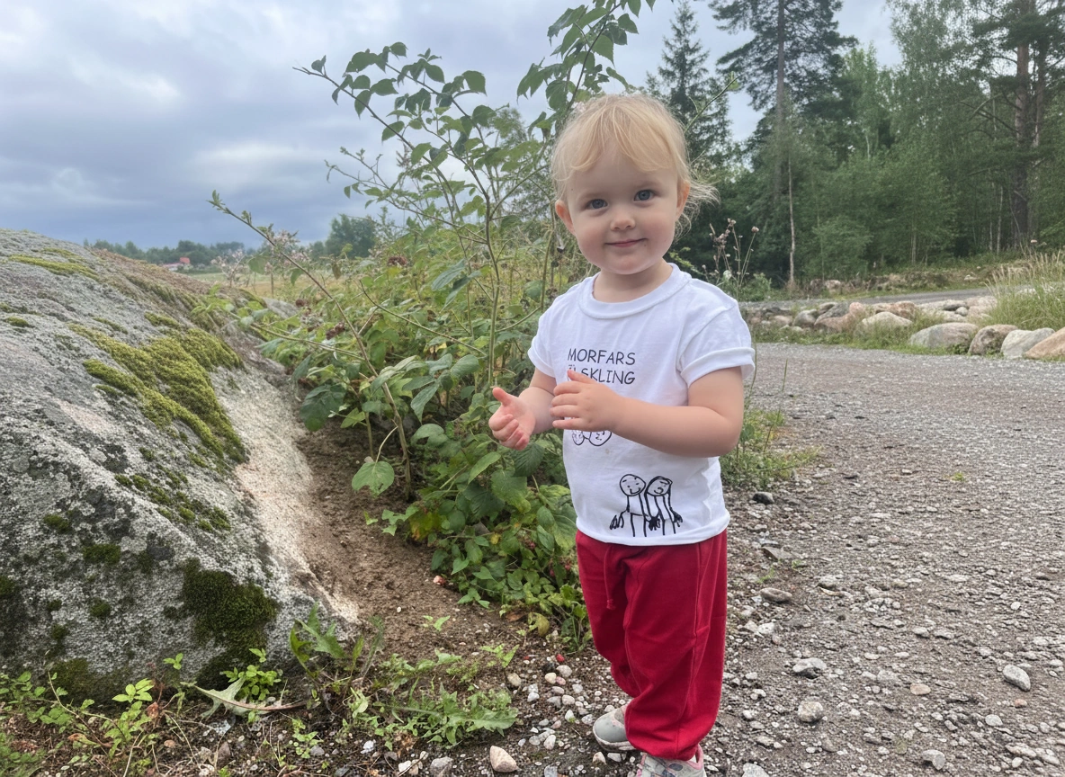 Flicka i Morfars älskling vit t-shirt i trädgård – handtryckt av Woops i Hägersten