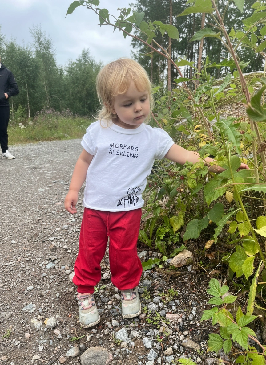 Barn i Morfars älskling vit t-shirt plockar bär – Woops på Studio61 Stockholm